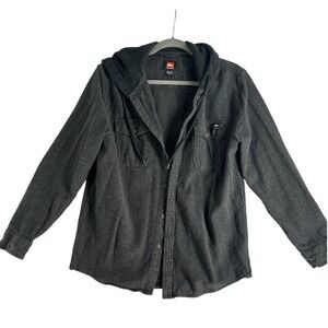Quiksilver‎ Y2K Mens Gray Hooded Flannel Button Down Shirt Shacket Surf Skate M